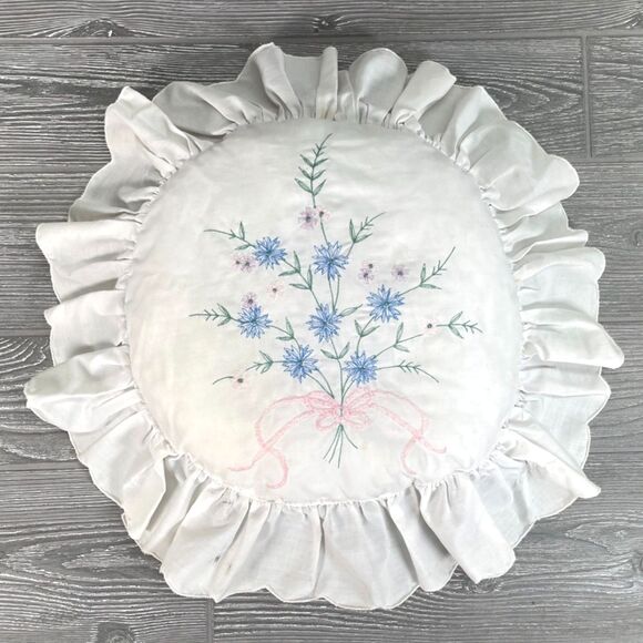 Vintage Floral Embroidered Throw Pillow Round 16" Blue Forget Me Nots Pink Bow - Picture 1 of 12
